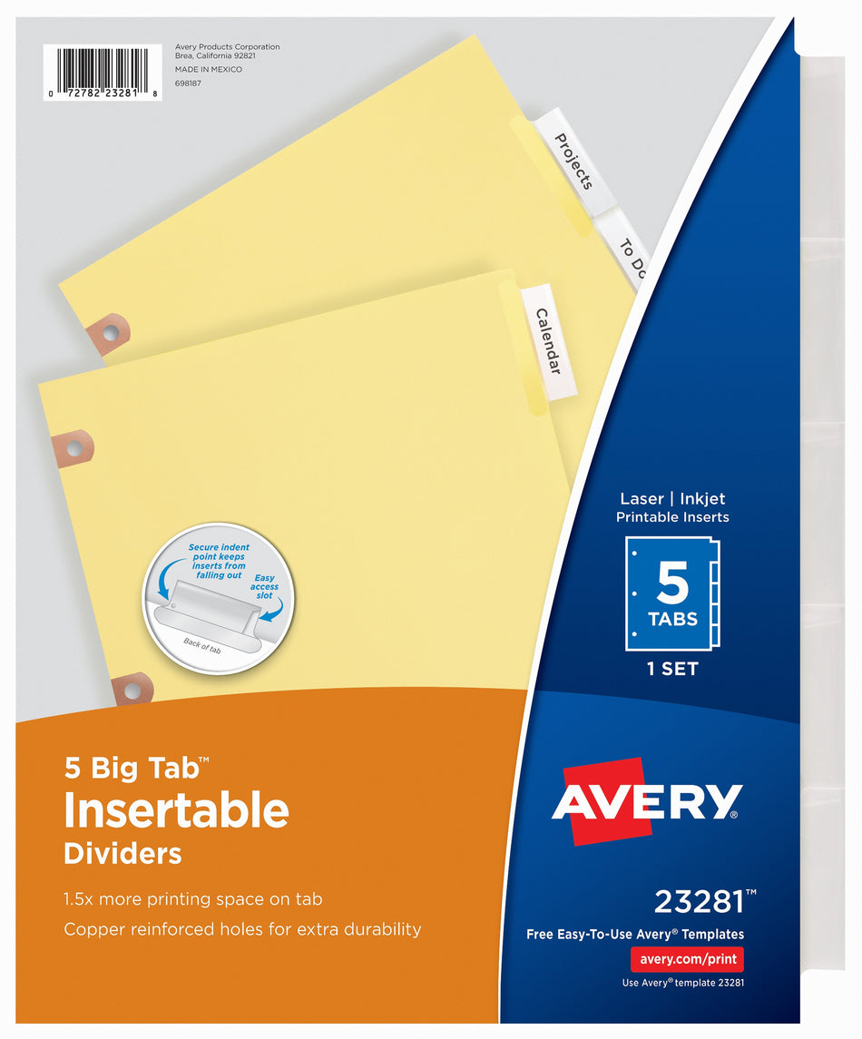 Avery Big Tab Insertable Paper Dividers, 5 Tabs, Clear, Copper Reinforced