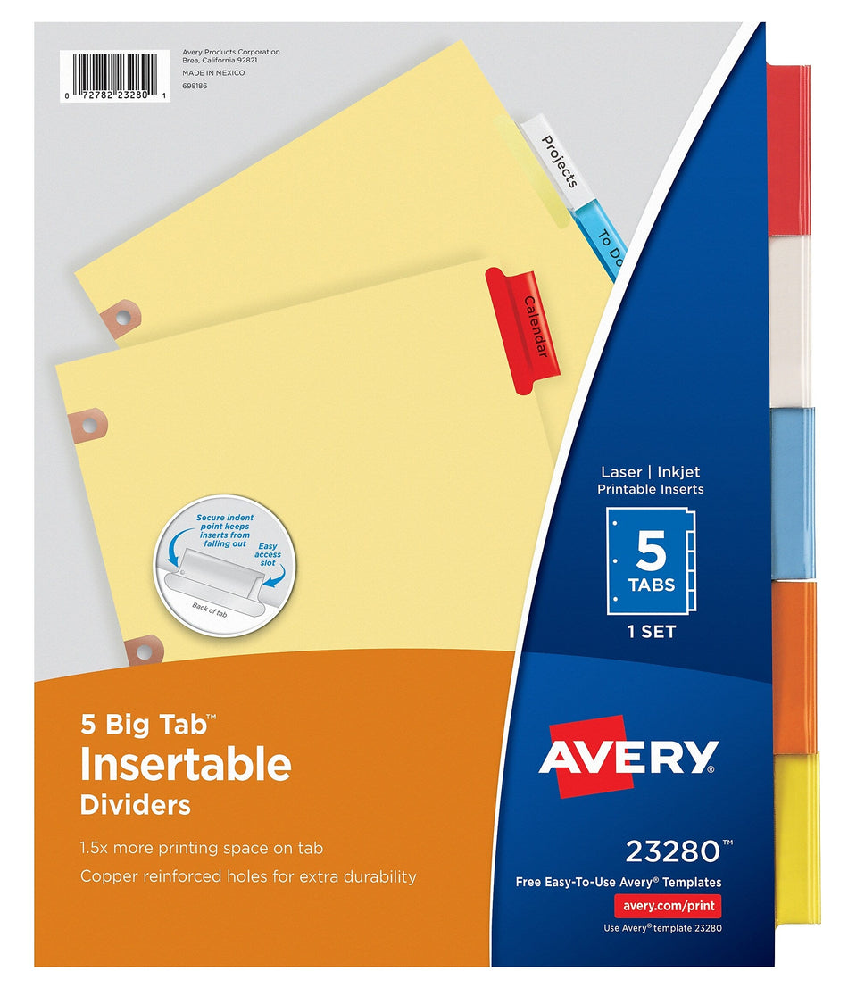 Avery Big Tab Insertable Paper Dividers, 5 Tabs, Multicolor, Copper Reinforced