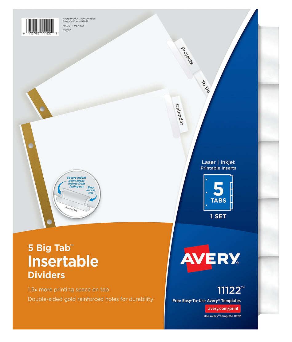 Avery Big Tab Insertable Paper Dividers, Clear 5 Tab, White