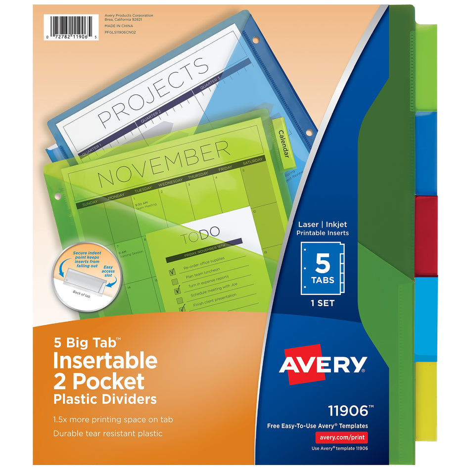 Avery Big Tab Insertable Plastic Dividers with 2 Pockets, 5 Tabs, Multicolor