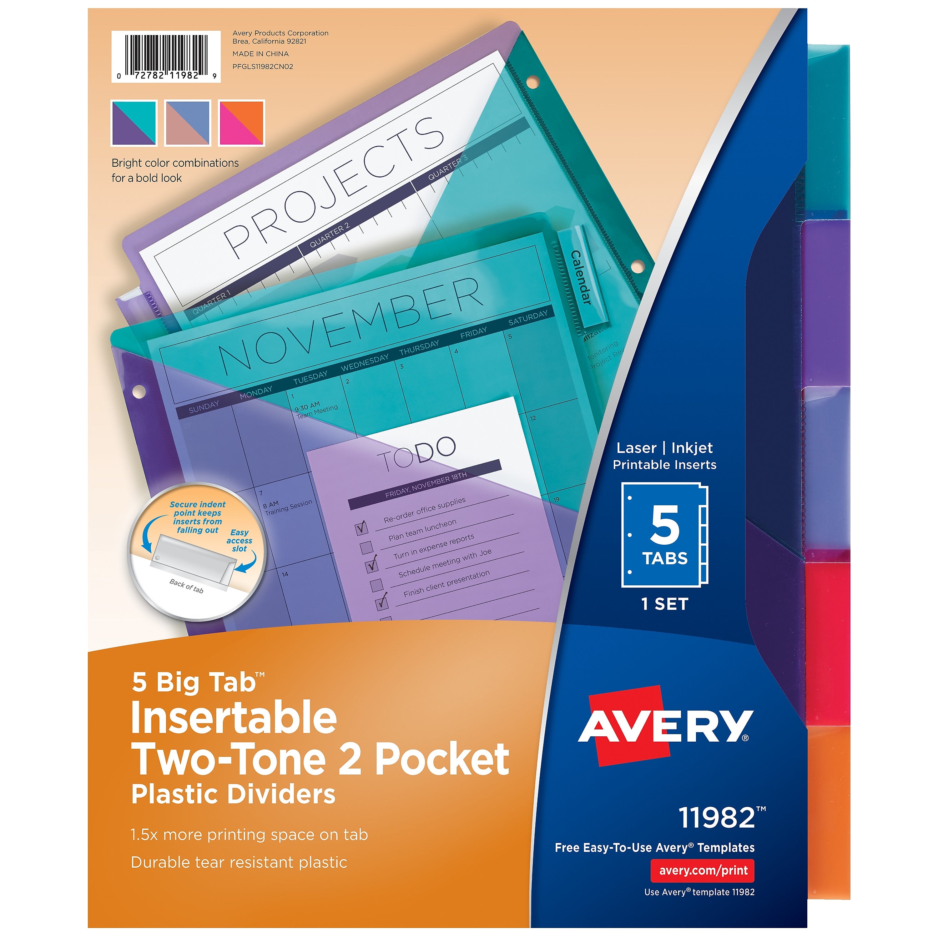 Avery Big Tab Insertable Plastic Dividers with 2 Pockets, 5 Tabs, Two-Tone Multicolor