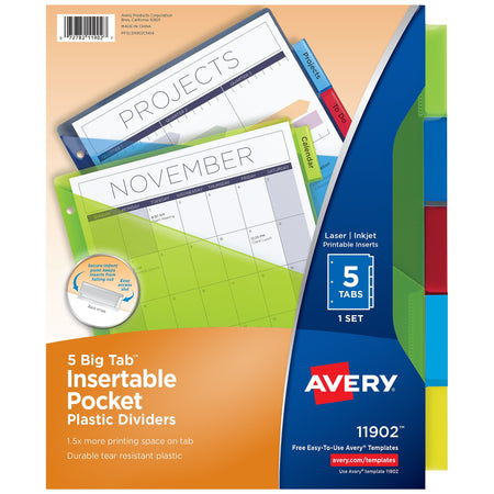 Avery Big Tab Insertable Plastic Dividers with Pocket, 5 Tabs, Multicolor