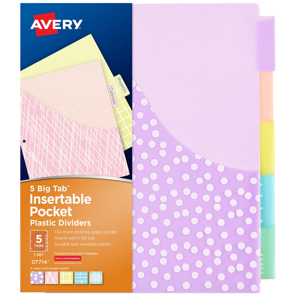 Avery Big Tab Insertable Plastic Dividers with Pocket, 5 Tabs, Multicolor Pastel