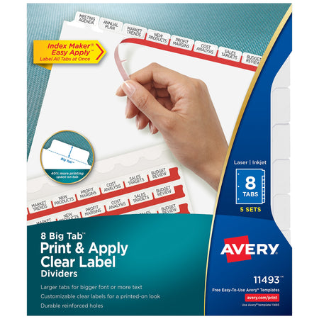 Avery Big Tab Print & Apply Label Blank Dividers, 8-Tab, Clear, 5/Set