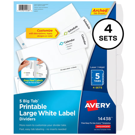 Avery Big Tab Printable Paper Dividers with Large White Labels, 5 Tabs, White, 4 Sets/Pack