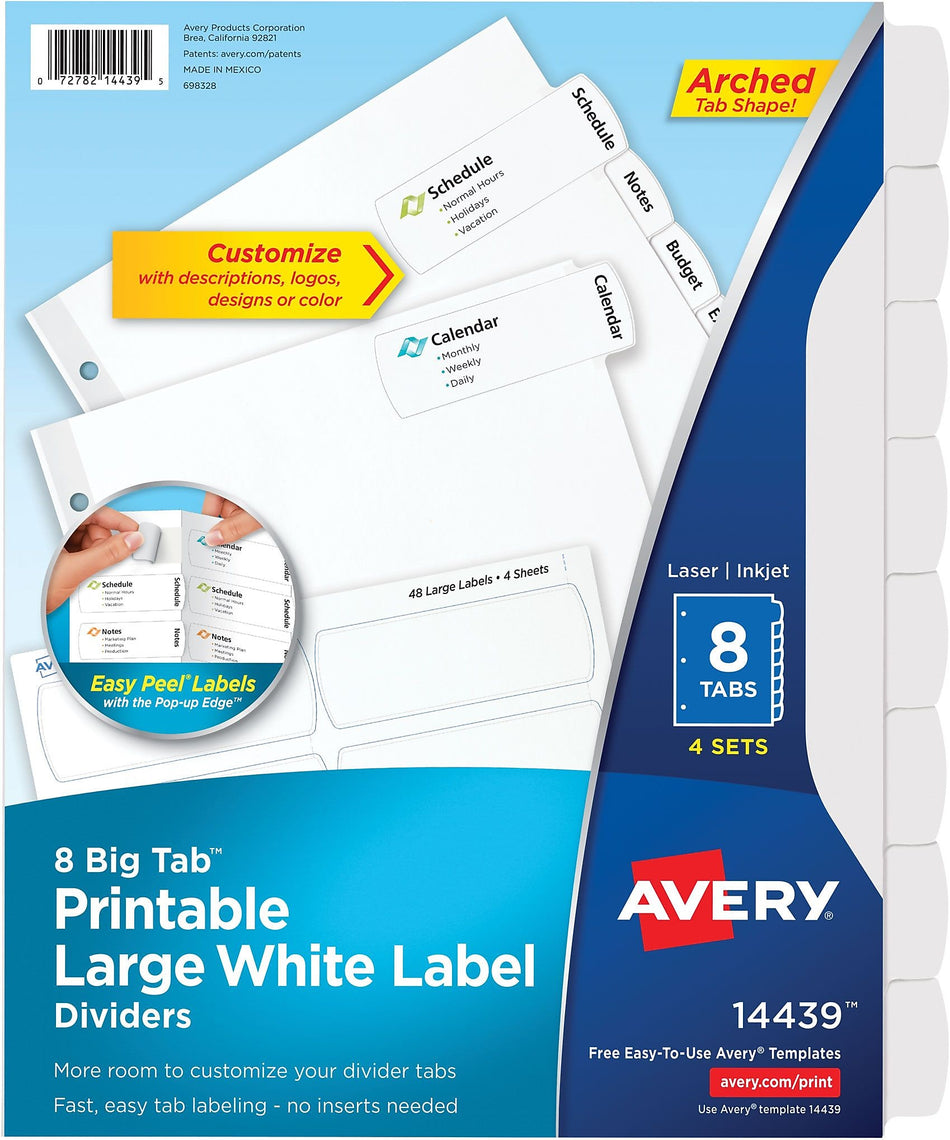 Avery Big Tab Printable Paper Dividers with Large White Labels, 8 Tabs, White, 4 Sets/Pack