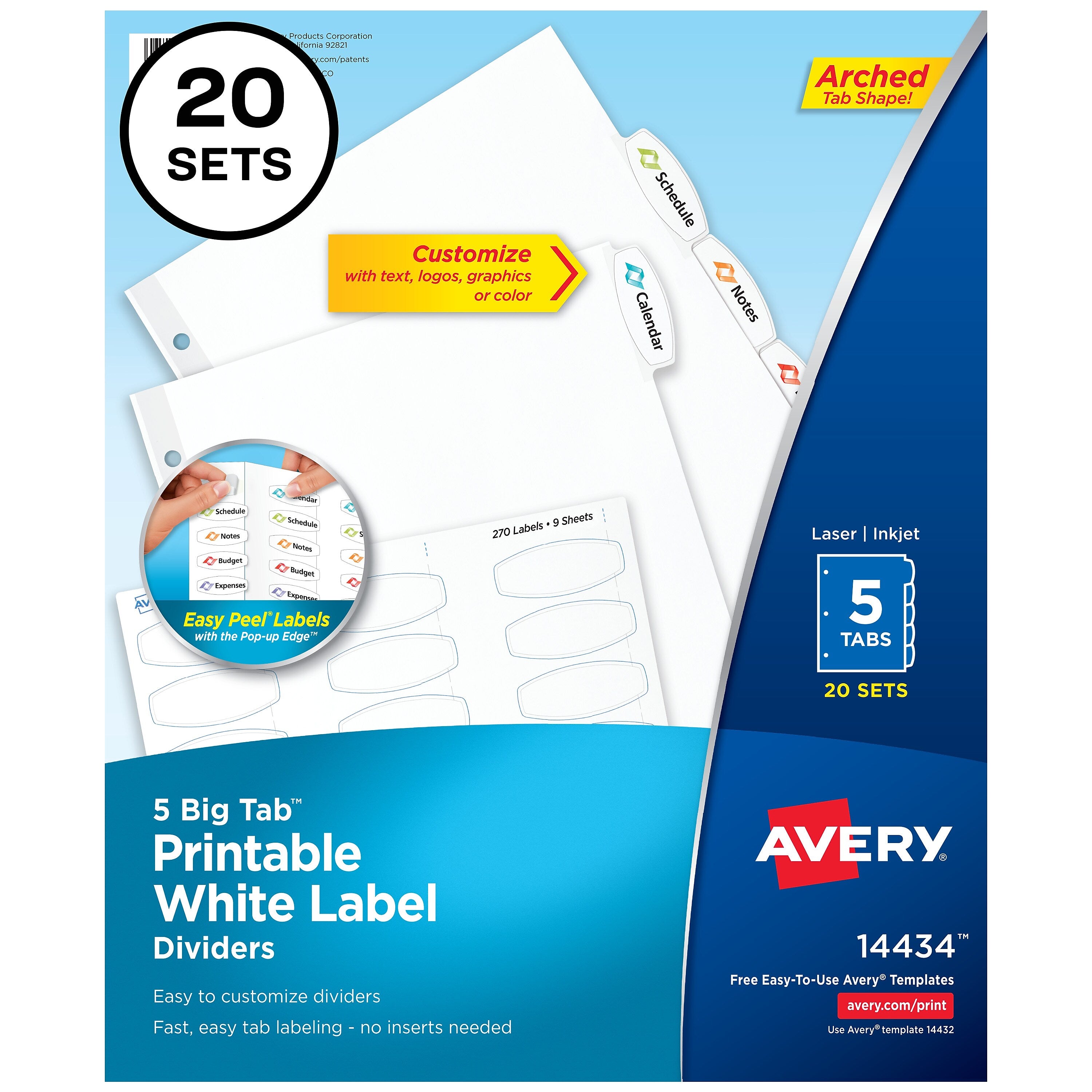 Avery Big Tab Printable Paper Dividers with White Labels, 5 Tabs, 20 Sets/Pack