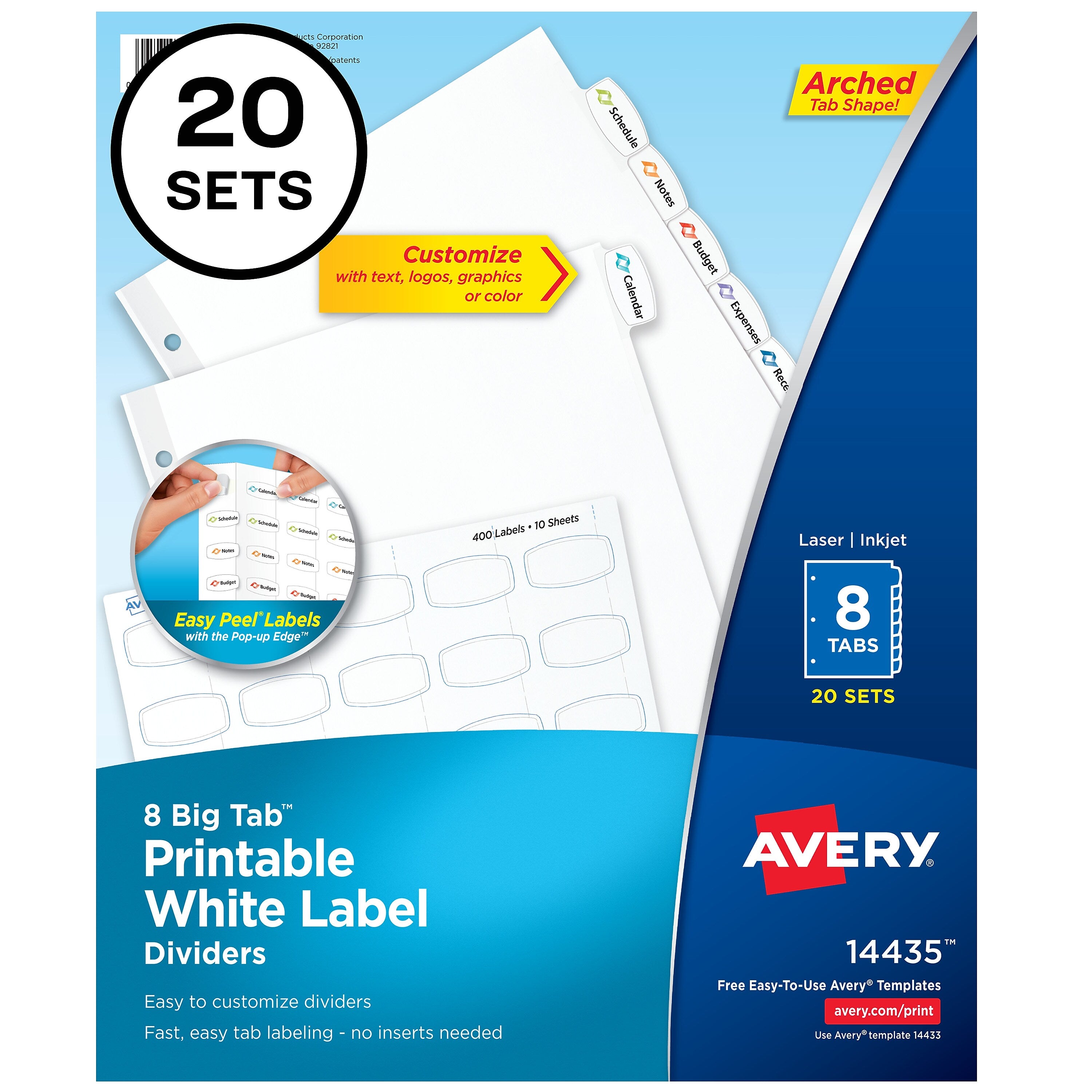 Avery Big Tab Printable Paper Dividers with White Labels, 8 Tabs, 20 Sets/Pack