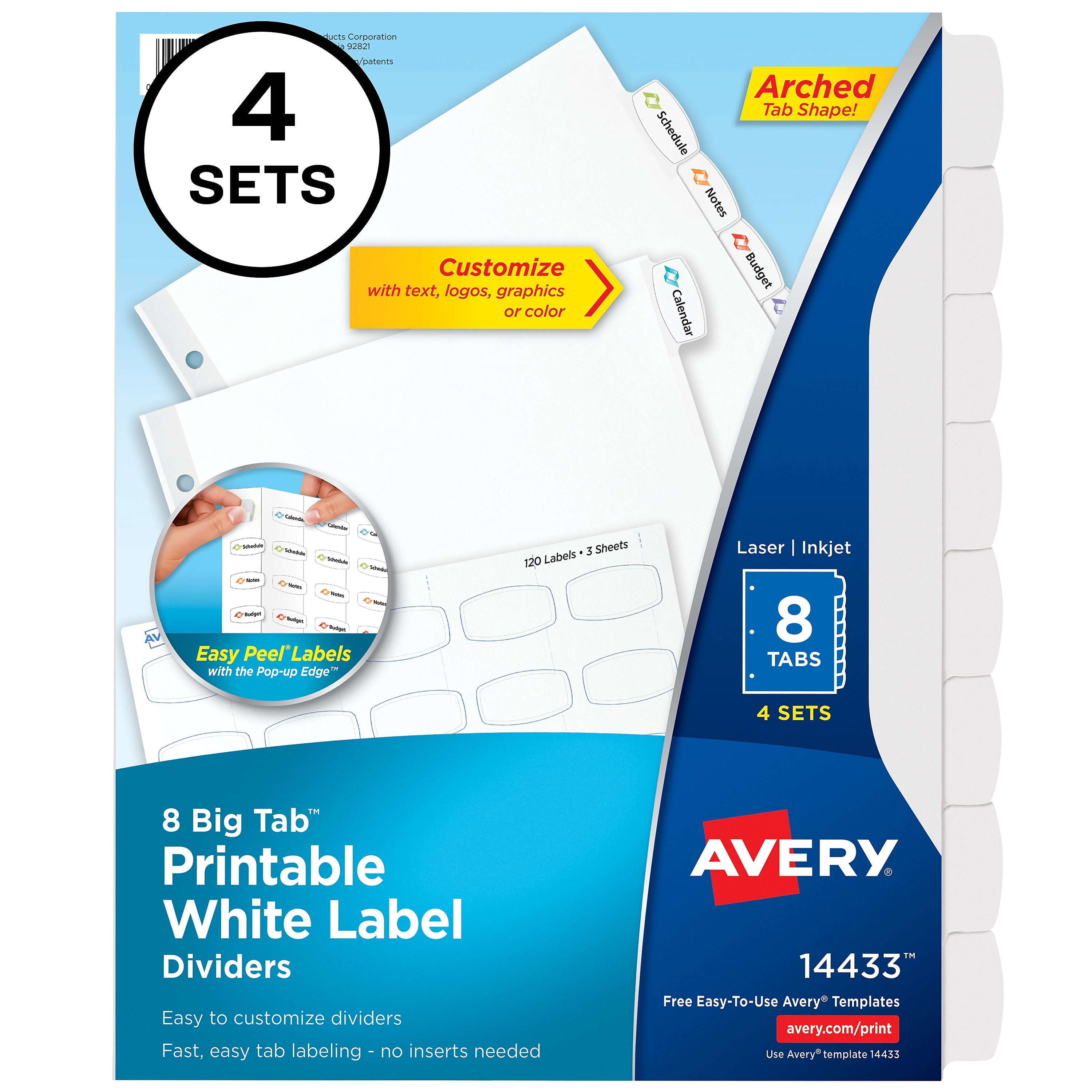 Avery Big Tab Printable Paper Dividers with White Labels, 8 Tabs, 4 Sets/Pack