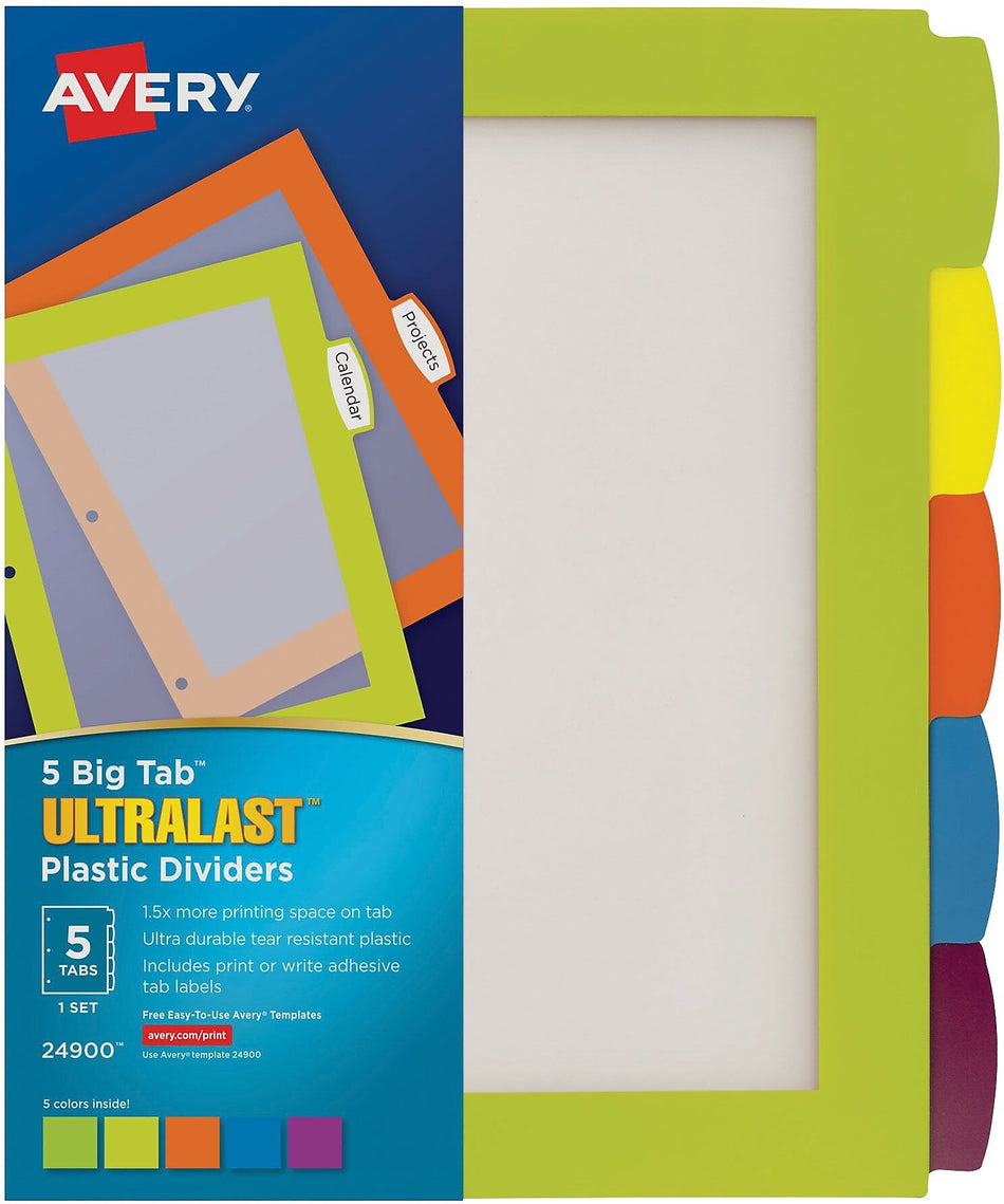 Avery Big Tab Ultralast Plastic Dividers with White Tab Labels, 5 Tabs, Multicolor