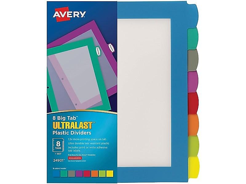 Avery Big Tab Ultralast Plastic Dividers with White Tab Labels, 8 Tabs, Multicolor