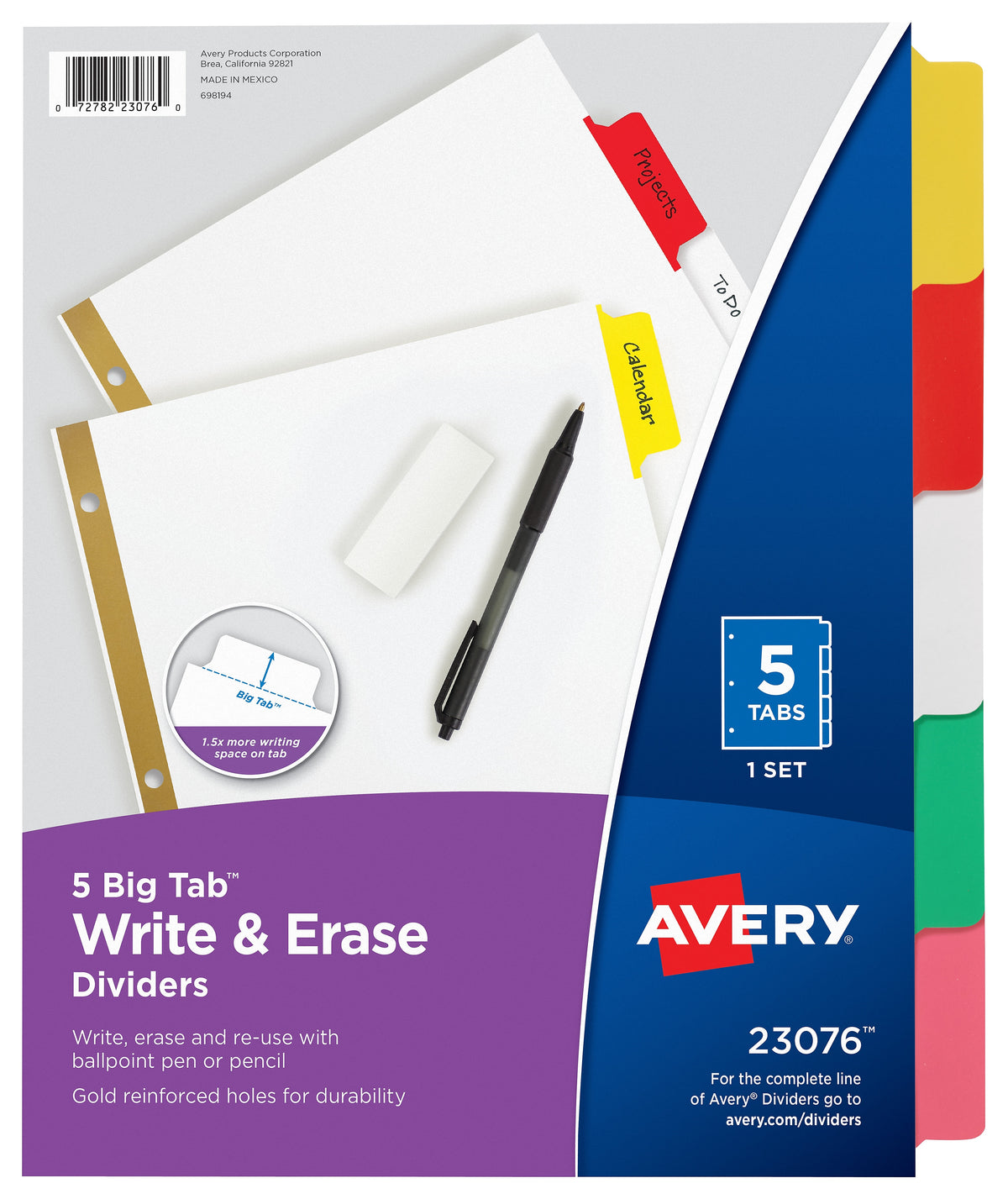 Avery Big Tab Write & Erase Paper Dividers, 5 Tabs, Multicolor, Gold Reinforced