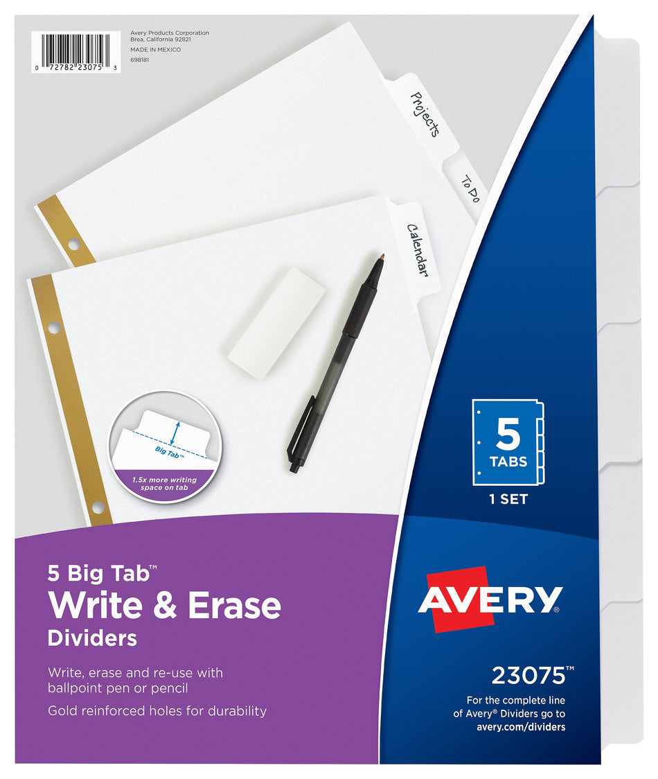 Avery Big Tab Write & Erase Paper Dividers, 5 Tabs, White, Gold Reinforced