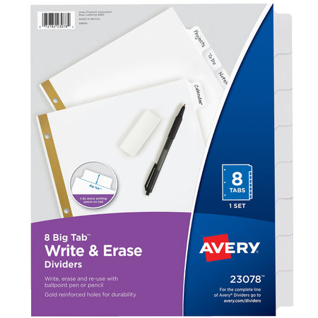 Avery Big Tab Write & Erase Paper Dividers, 8 Tabs, White, Gold Reinforced