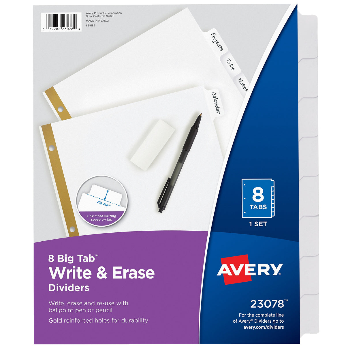 Avery Big Tab Write & Erase Paper Dividers, 8 Tabs, White, Gold Reinforced