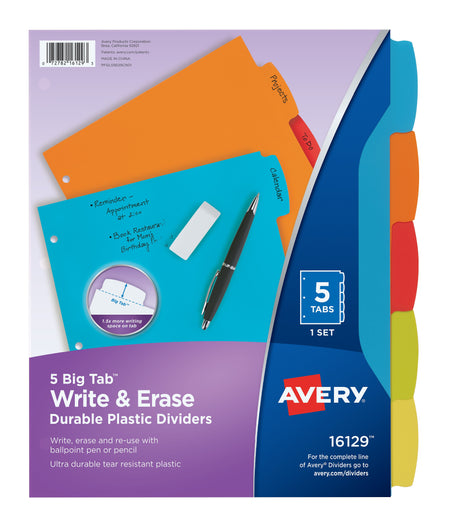 Avery Big Tab Write & Erase Plastic Dividers, 5 Tabs, Bright Multicolor