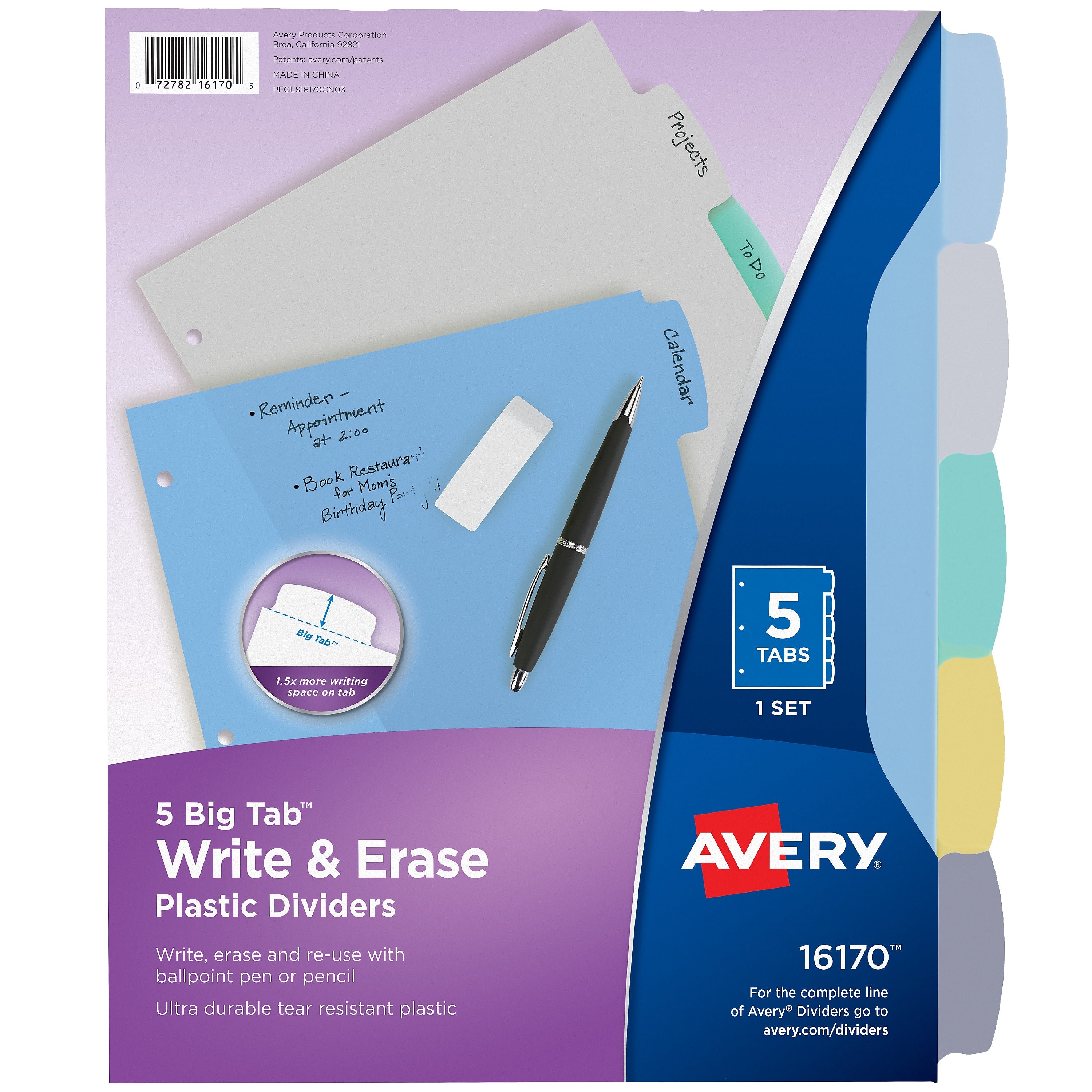 Avery Big Tab Write & Erase Plastic Dividers, 5 Tabs, Multicolor