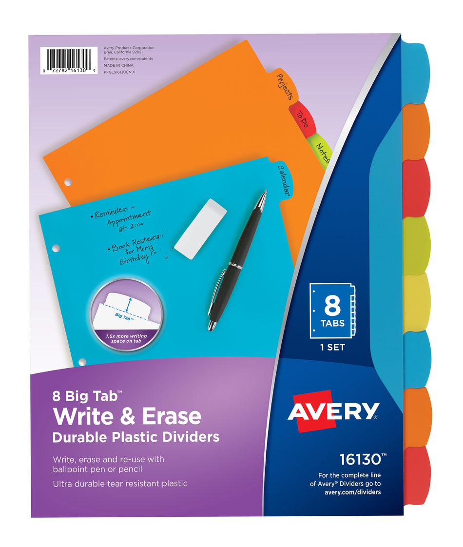 Avery Big Tab Write & Erase Plastic Dividers, 8 Tabs, Bright Multicolor