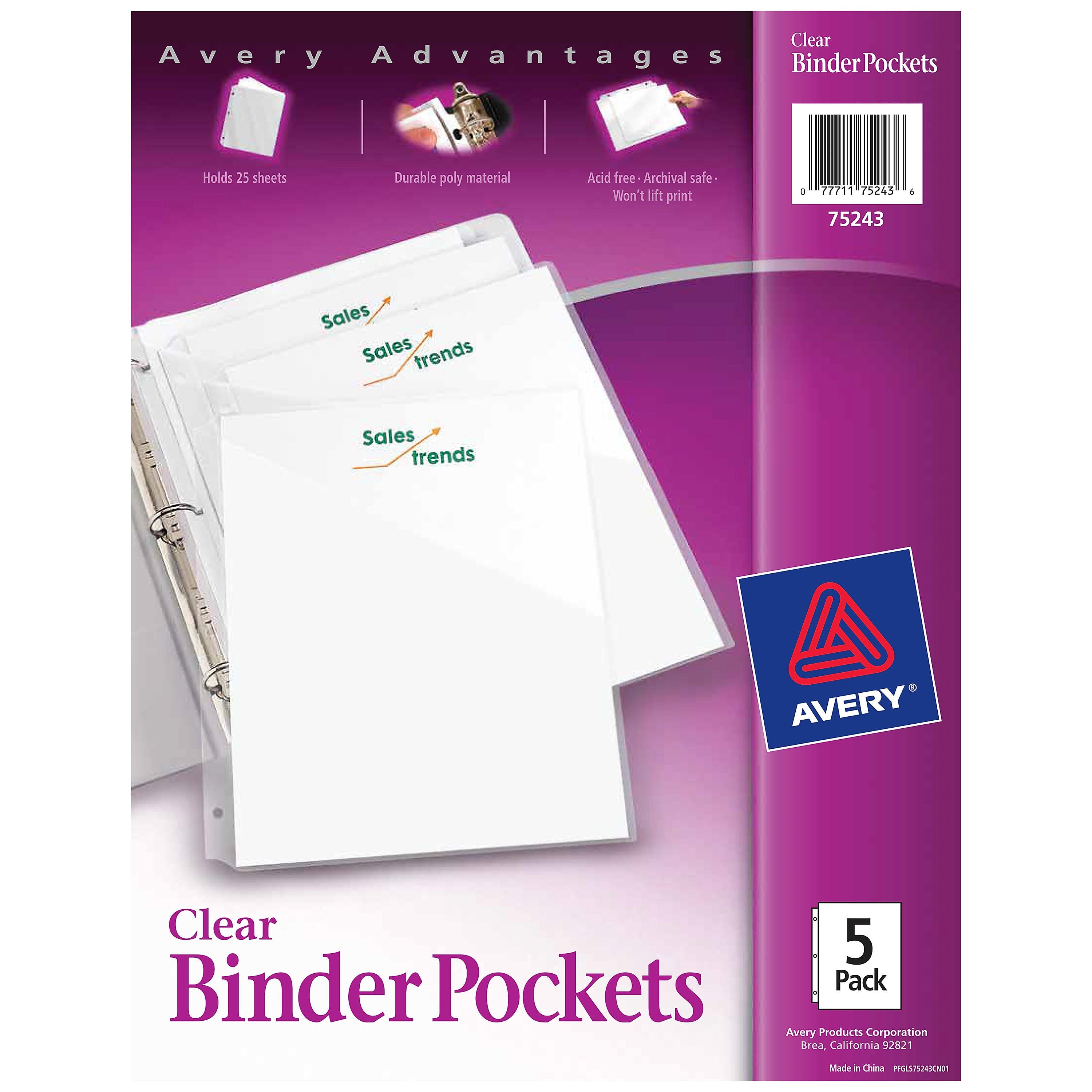 Avery Binder Pockets for 3-Ring Binders, Clear, Fits 8 1/2" x 11" Paper, 5/Pack