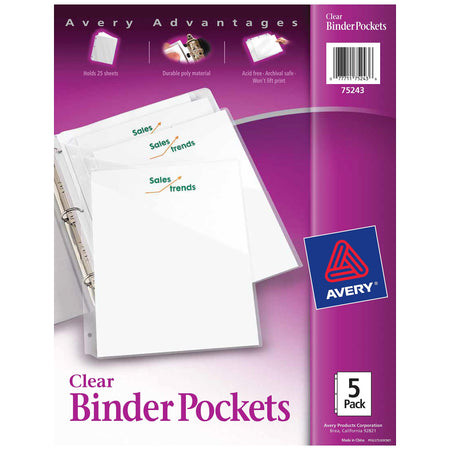 Avery Binder Pockets for 3-Ring Binders, Clear, Fits 8 1/2" x 11" Paper, 5/Pack