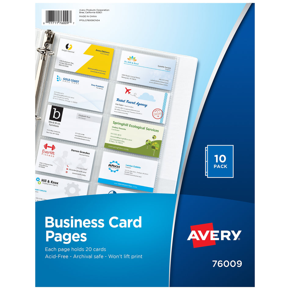 Avery Business Card Pages, 3-Hole Punched, 8.5" x 11", Clear, 10/Pack