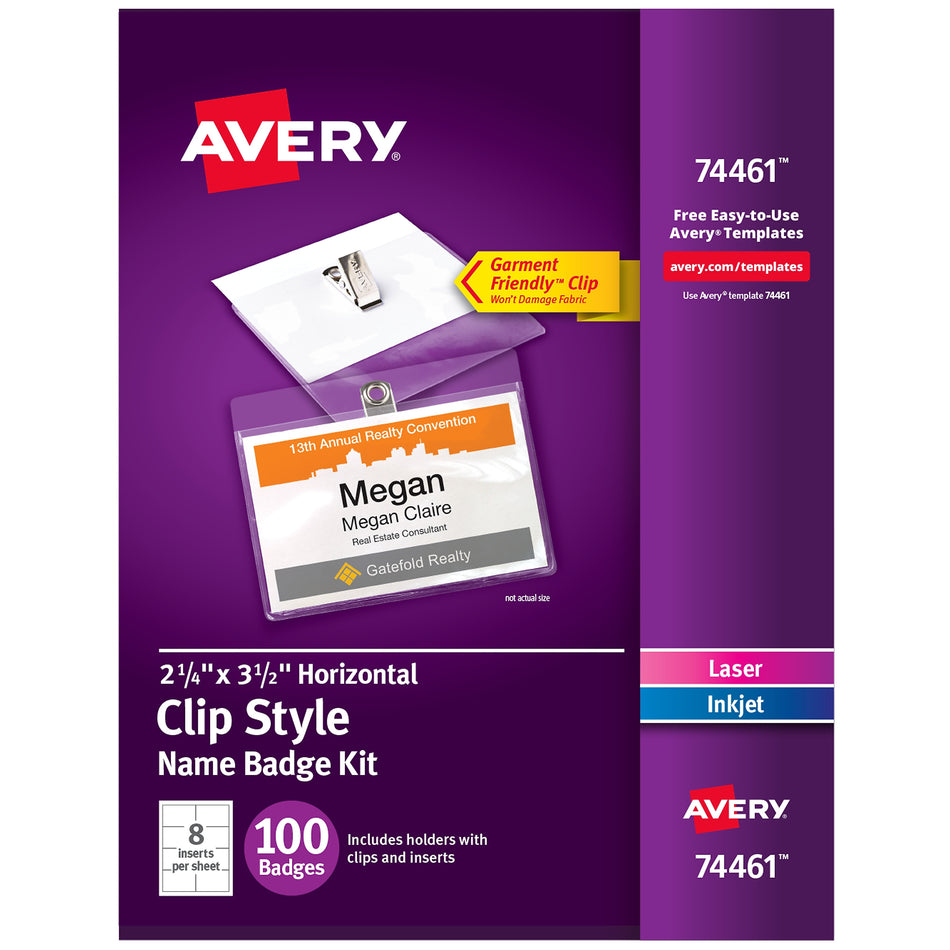 Avery Clip Style Laser/Inkjet Name Badge Kit, 2 1/4" x 3 1/2", Clear Holders with White Inserts, 100/Box