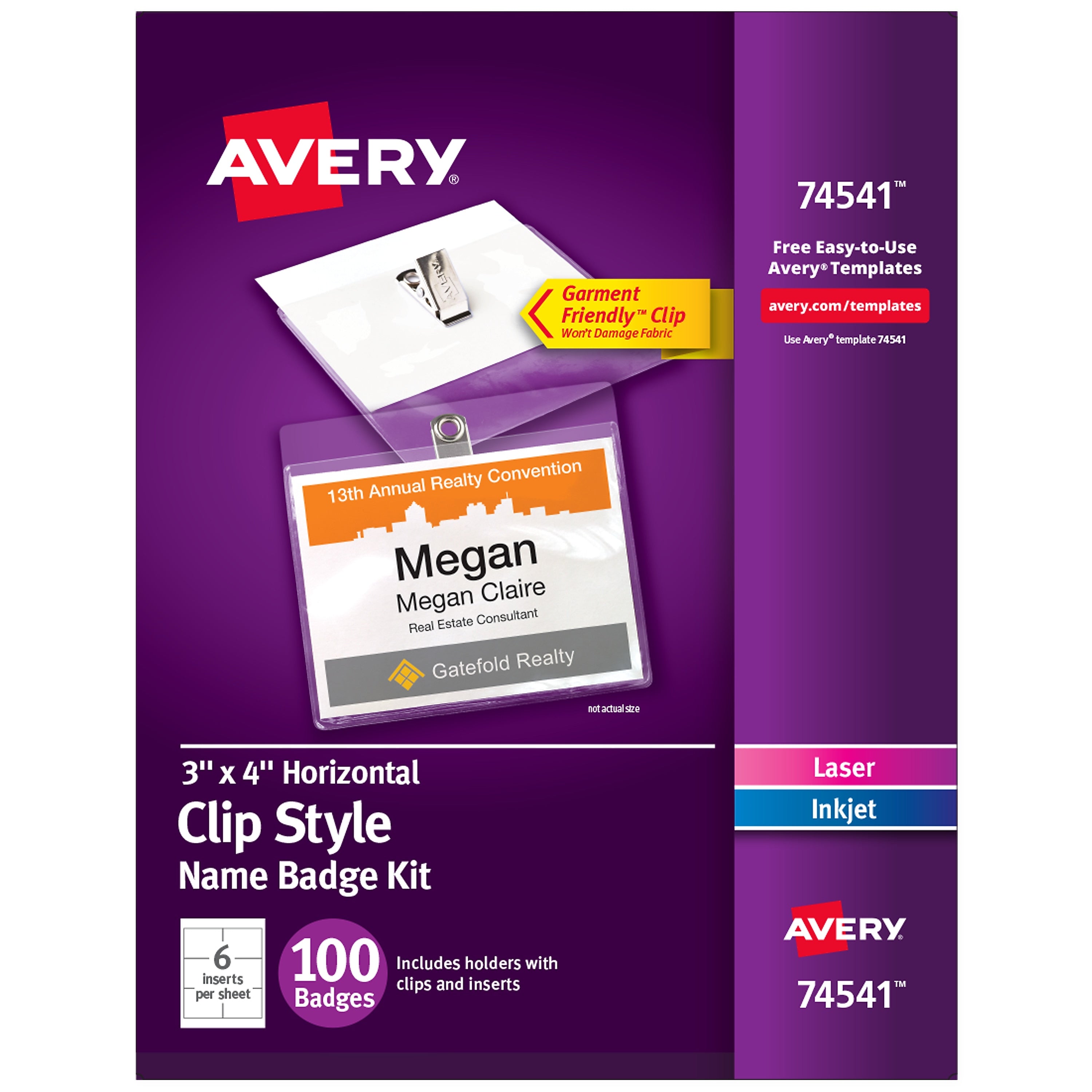 Avery Clip Style Laser/Inkjet Name Badge Kit, 3" x 4", Clear Holders with White Inserts, 100/Box