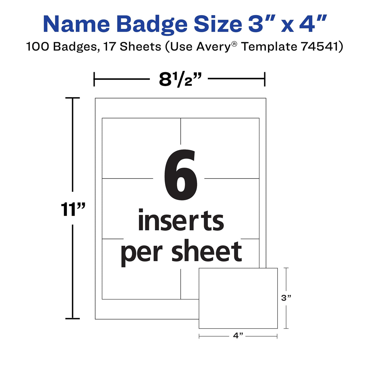 Avery Clip Style Laser/Inkjet Name Badge Kit, 3" x 4", Clear Holders with White Inserts, 100/Box