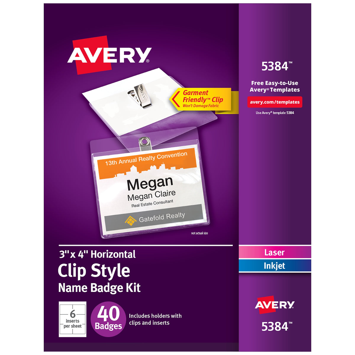 Avery Clip Style Laser/Inkjet Name Badge Kit, 3" x 4", Clear Holders with White Inserts, 40/Box