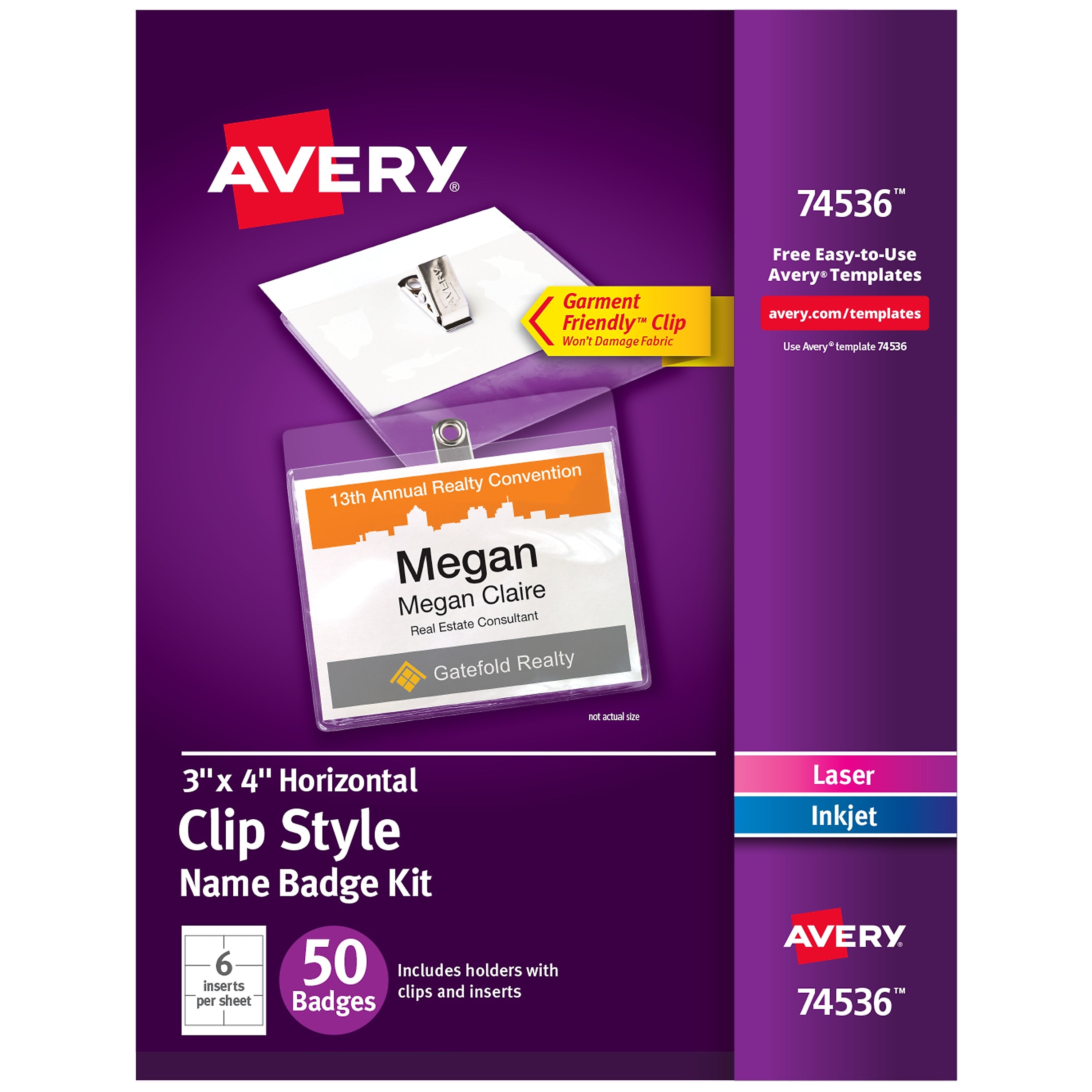 Avery Clip Style Laser/Inkjet Name Badge Kit, 3" x 4", Clear Holders with White Inserts, 50/Box