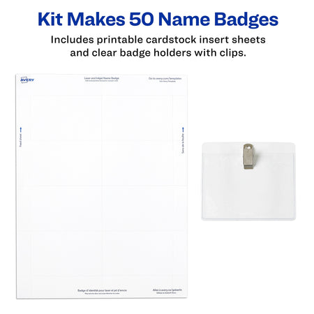 Avery Clip Style Laser/Inkjet Name Badge Kit, 3" x 4", Clear Holders with White Inserts, 50/Box