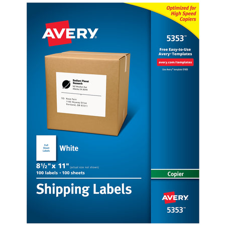 Avery Copier Shipping Labels, 8-1/2" x 11", White, 1 Label/Sheet, 100 Sheets/Box