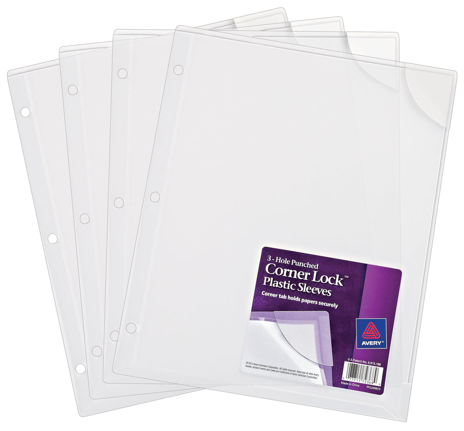 Avery Corner Lock, 3-Hole Punched Plastic Sleeves, Heavyweight, 8-1/2" x 11", Clear, 4/Pack