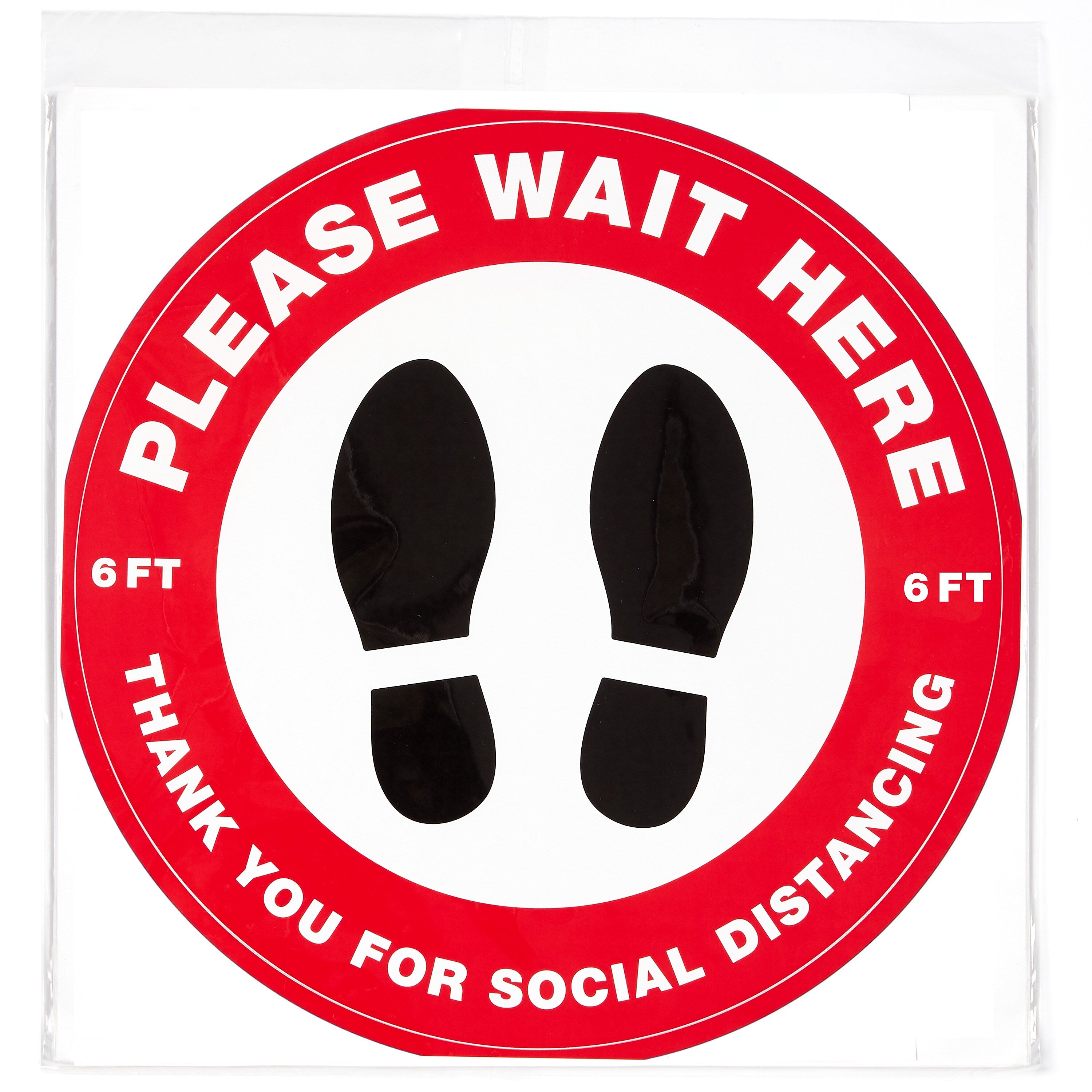 Avery Directional "Please Wait Here" Preprinted Floor Decals, 10.5" Diameter, White/Red, 5/Pack