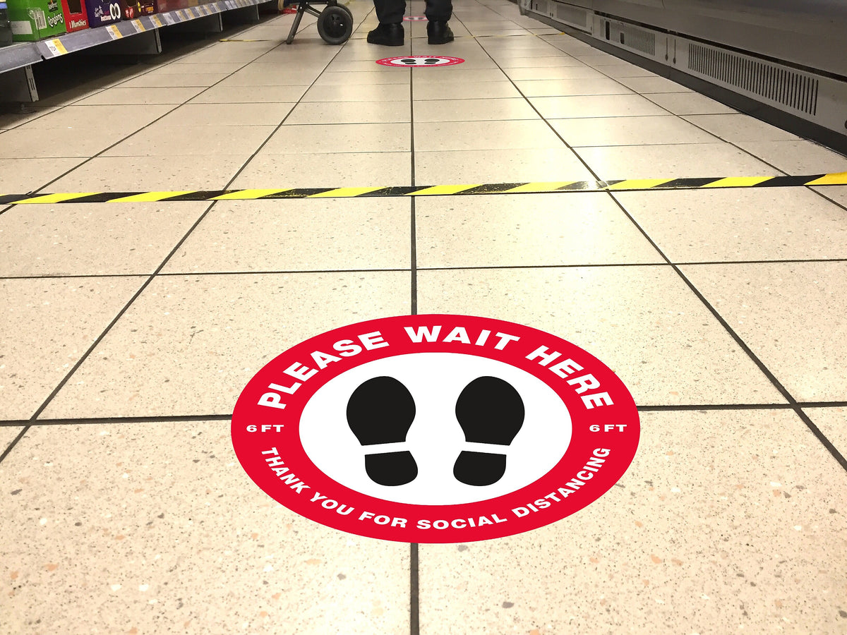 Avery Directional "Please Wait Here" Preprinted Floor Decals, 10.5" Diameter, White/Red, 5/Pack