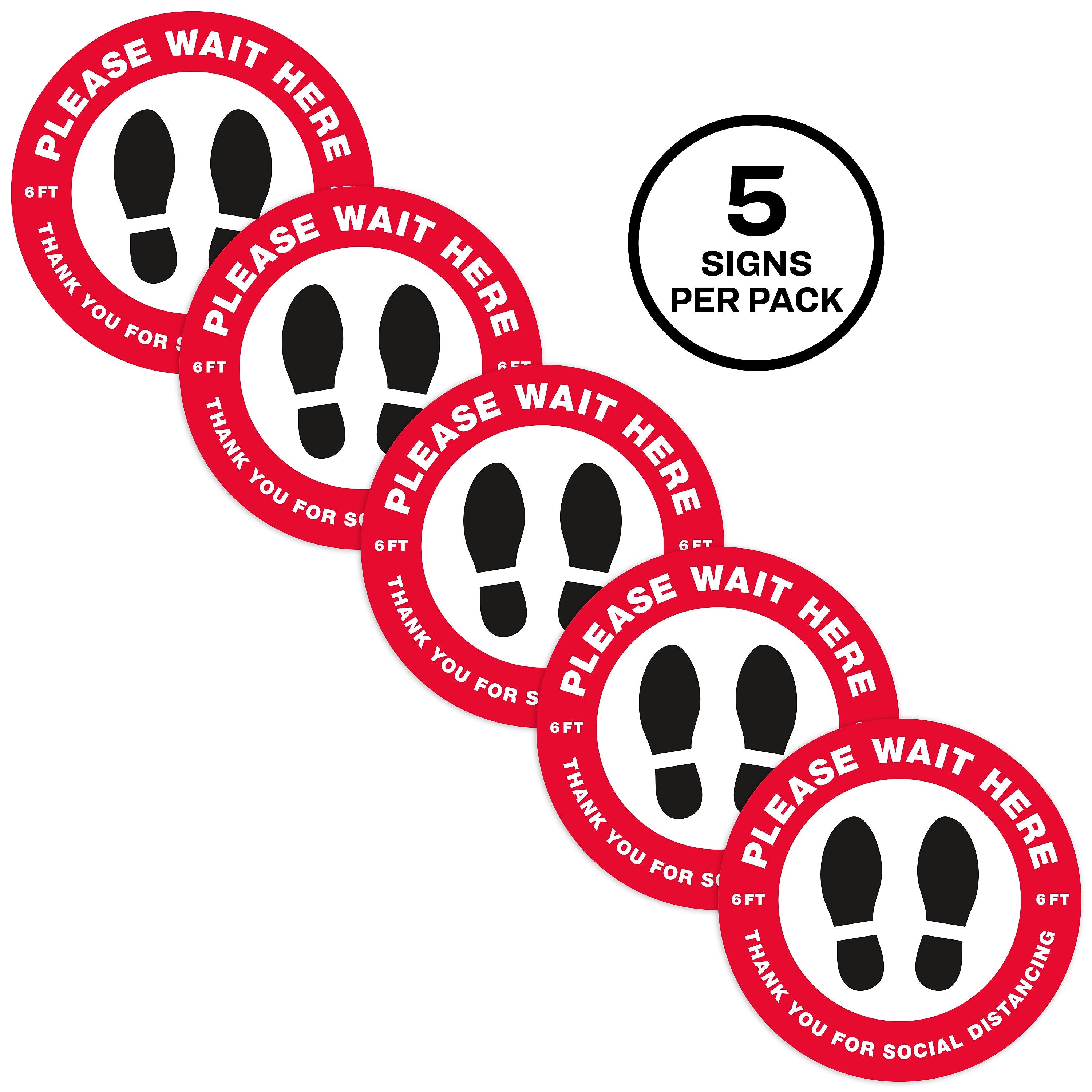 Avery Directional "Please Wait Here" Preprinted Floor Decals, 10.5" Diameter, White/Red, 5/Pack