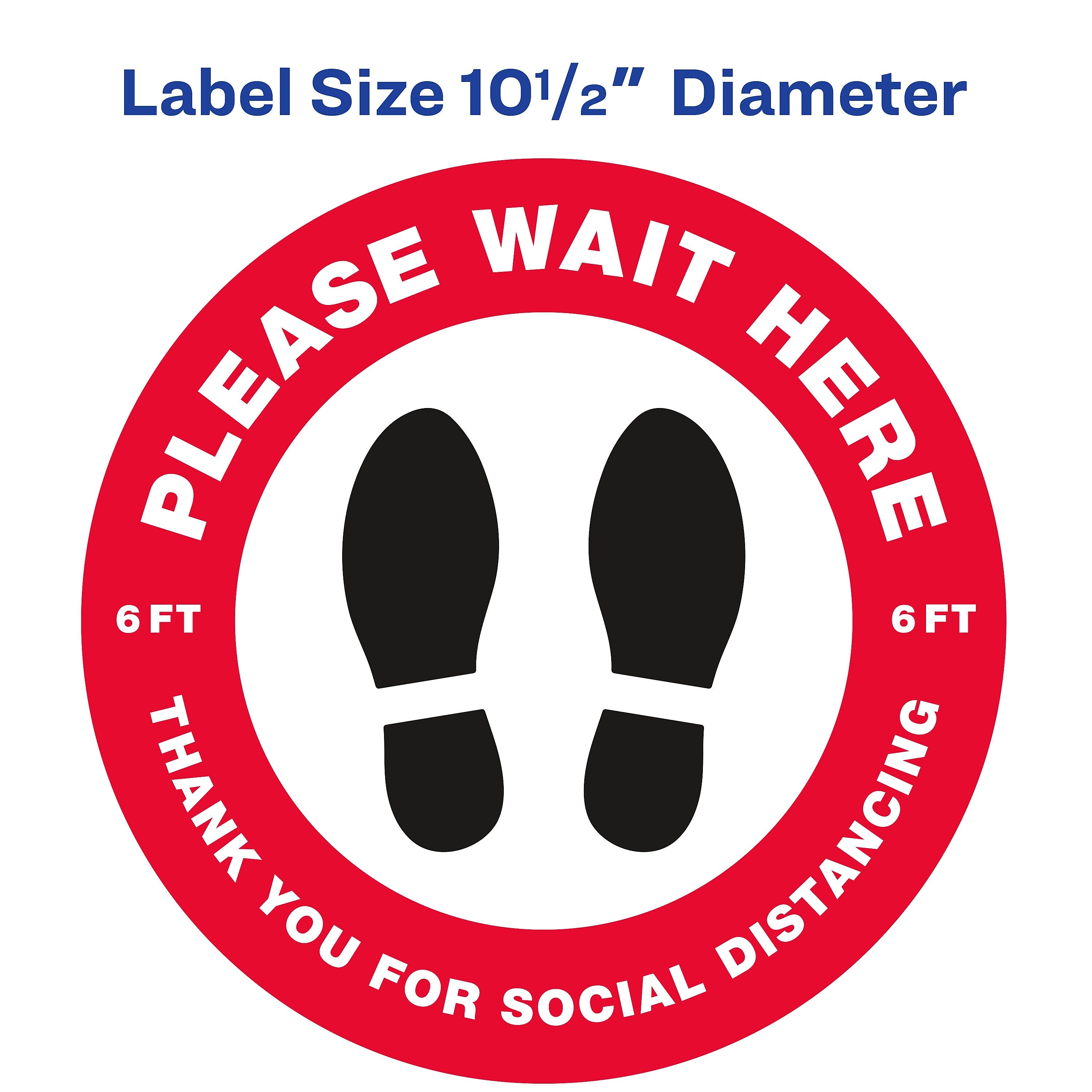 Avery Directional "Please Wait Here" Preprinted Floor Decals, 10.5" Diameter, White/Red, 5/Pack