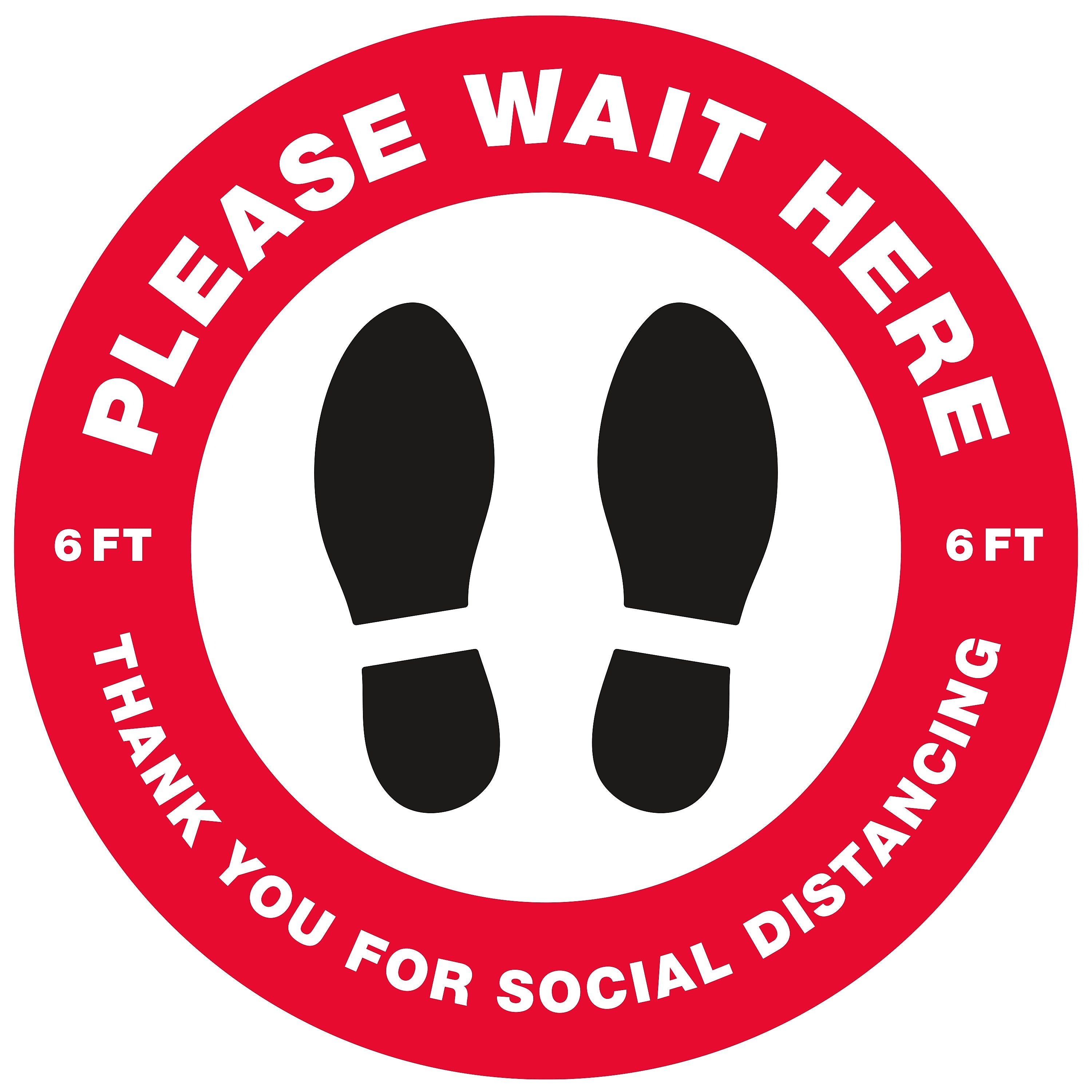 Avery Directional "Please Wait Here" Preprinted Floor Decals, 10.5" Diameter, White/Red, 5/Pack