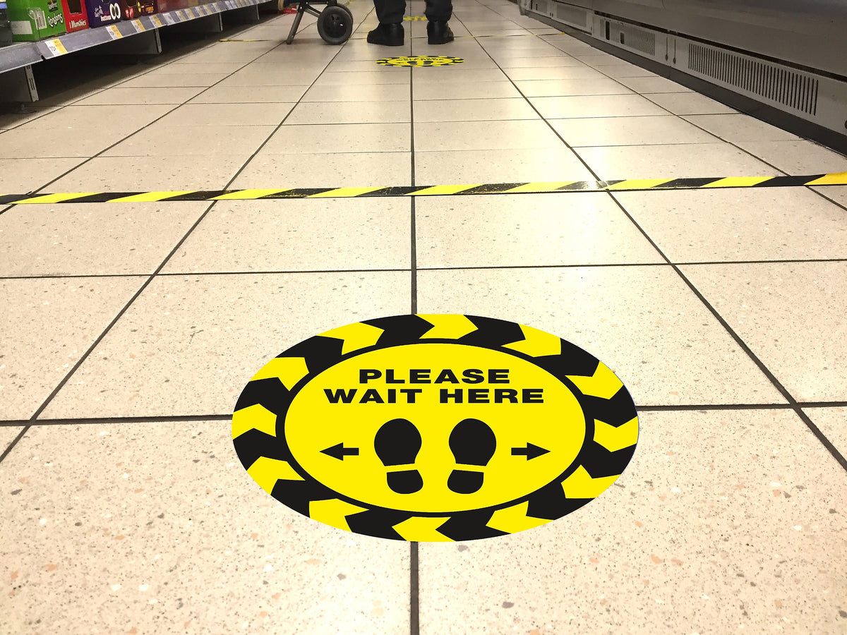 Avery Directional "Please Wait Here" Preprinted Floor Decals, 10.5" Diameter, Yellow/Black, 5/Pack