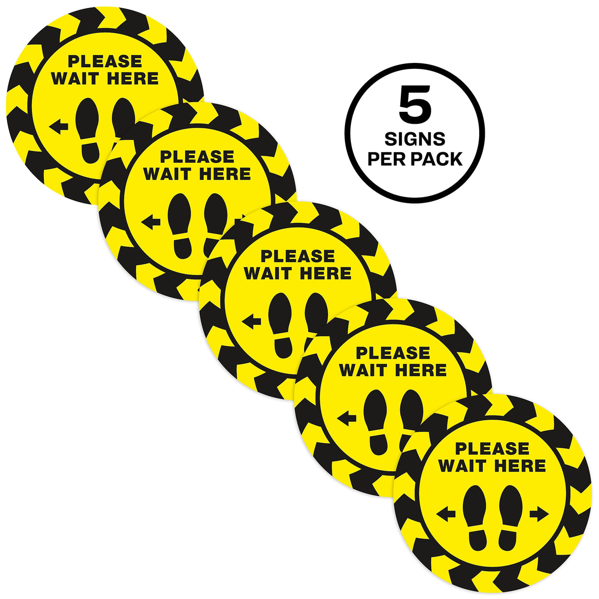 Avery Directional "Please Wait Here" Preprinted Floor Decals, 10.5" Diameter, Yellow/Black, 5/Pack