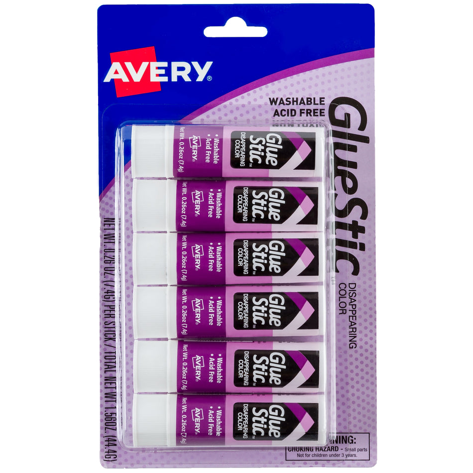 Avery Disappearing Glue Sticks, 0.26 oz., Purple, 6/Pack