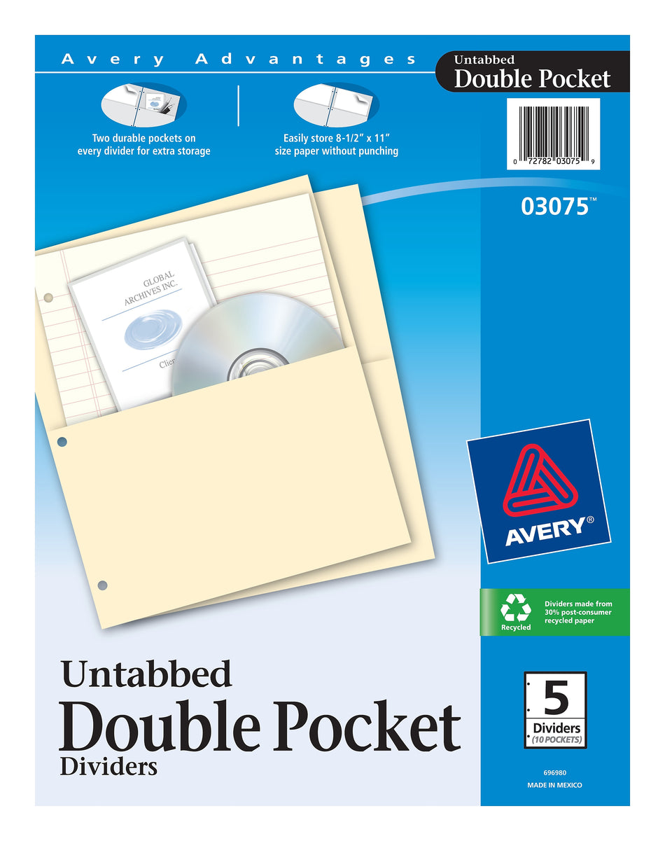 Avery Double Pocket Paper Dividers, Untabbed, Manila, 5 Dividers/Pack