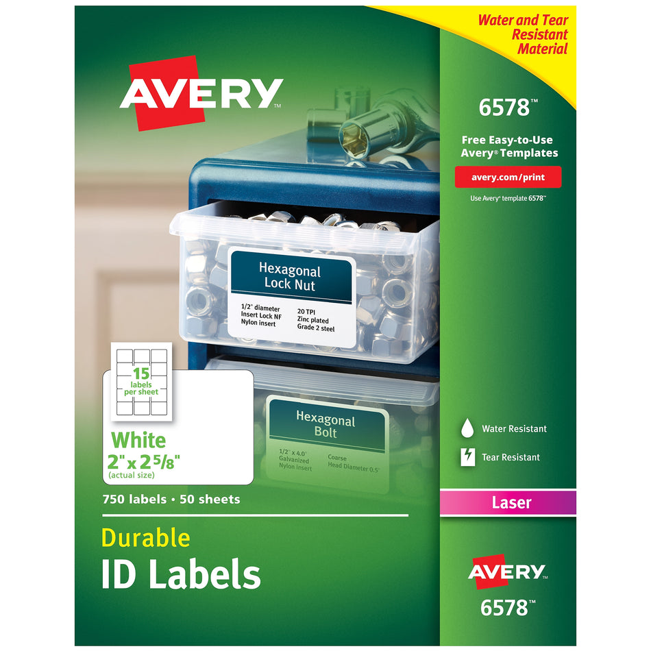 Avery Durable Laser Identification Labels, 2" x 2 5/8", White, 15 Labels/Sheet, 50 Sheets/Box