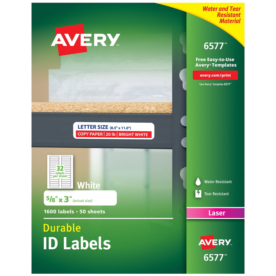 Avery Durable Laser Identification Labels, 5/8" x 3", White, 32 Labels/Sheet, 50 Sheets/Pack