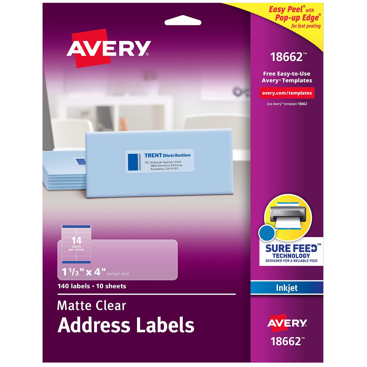 Avery Easy Peel Inkjet Address Labels, 1-1/3" x 4", Clear, 14 Labels/Sheet, 10 Sheets/Pack