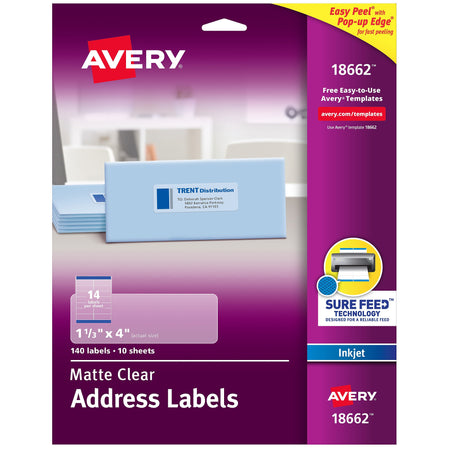 Avery Easy Peel Inkjet Address Labels, 1-1/3" x 4", Clear, 14 Labels/Sheet, 10 Sheets/Pack