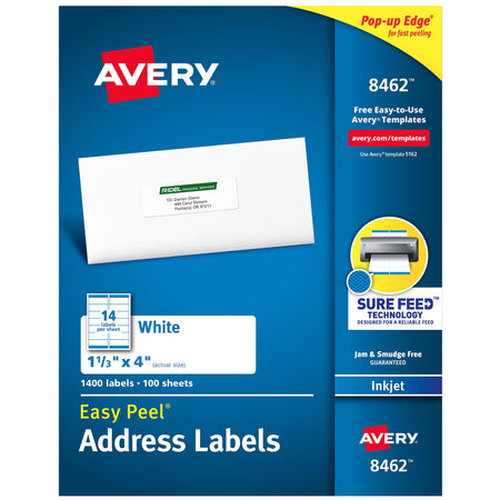 Avery Easy Peel Inkjet Address Labels, 1-1/3" x 4", White, 14 Labels/Sheet, 100 Sheets/Box