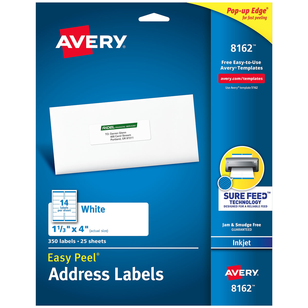 Avery Easy Peel Inkjet Address Labels, 1-1/3" x 4", White, 14 Labels/Sheet, 25 Sheets/Pack