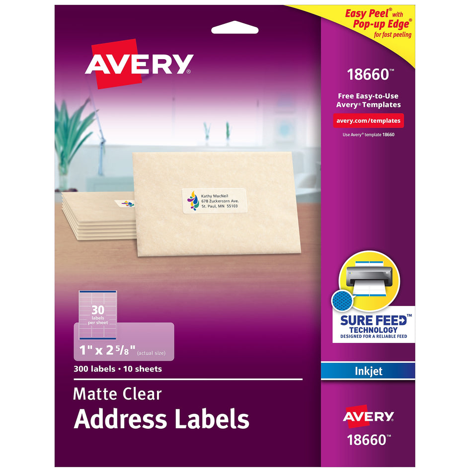 Avery Easy Peel Inkjet Address Labels, 1" x 2-5/8", Clear, 30 Labels/Sheet, 10 Sheets/Pack