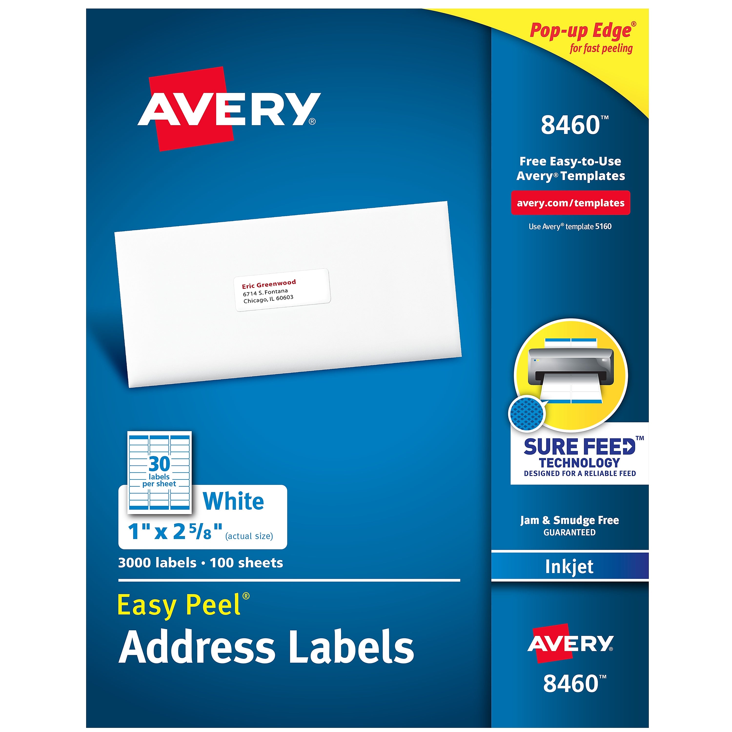 Avery Easy Peel Inkjet Address Labels, 1" x 2-5/8", White, 30 Labels/Sheet, 100 Sheets/Box